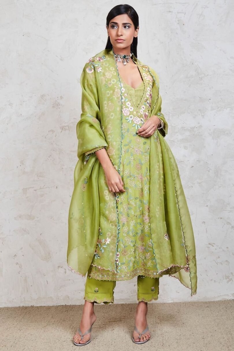 Green Embroidered Kalidar Kurta Set