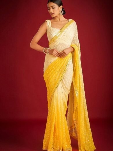 Yellow Solid Georgette Saree Set