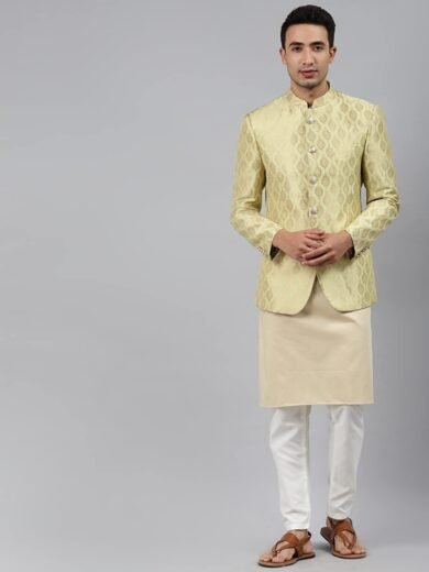 Men Off-White Self-Design Slim Fit Bandhgala Blazer - Image 2