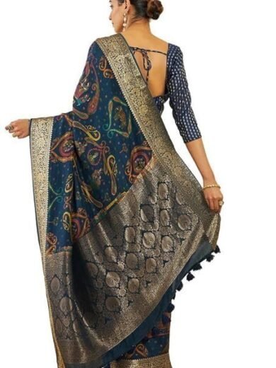 Soch Womens Navy Blue Crepe Saree With Ethnic Print And Zari Borders - Image 4