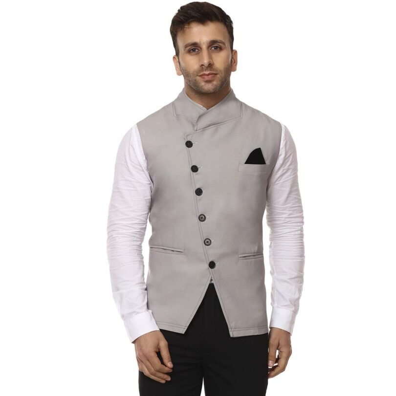plain Chinese Collar Sleeveless Cotton Poly Nehru Jacket