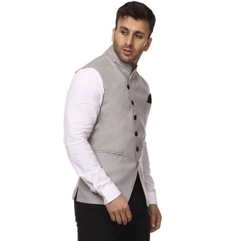 plain Chinese Collar Sleeveless Cotton Poly Nehru Jacket - Image 2