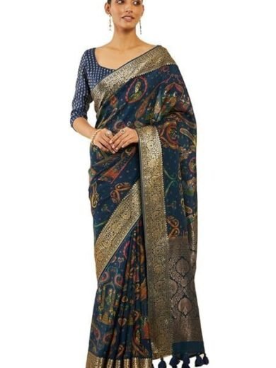 Soch Womens Navy Blue Crepe Saree With Ethnic Print And Zari Borders