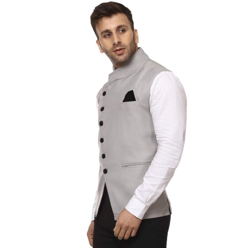 plain Chinese Collar Sleeveless Cotton Poly Nehru Jacket - Image 3