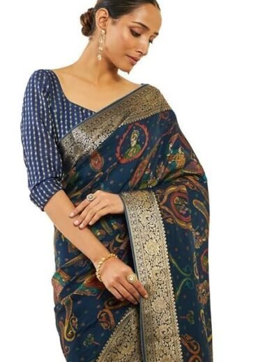 Soch Womens Navy Blue Crepe Saree With Ethnic Print And Zari Borders - Image 3