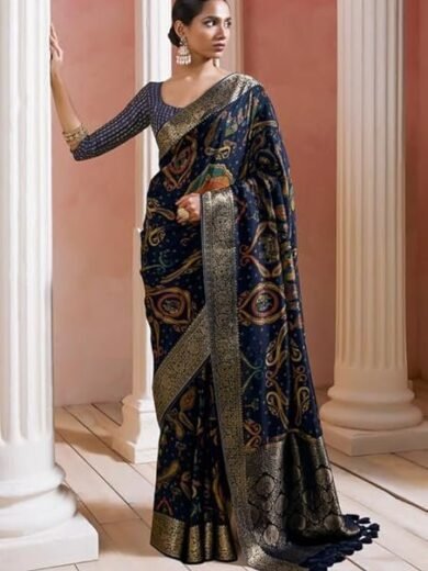 Soch Womens Navy Blue Crepe Saree With Ethnic Print And Zari Borders - Image 6