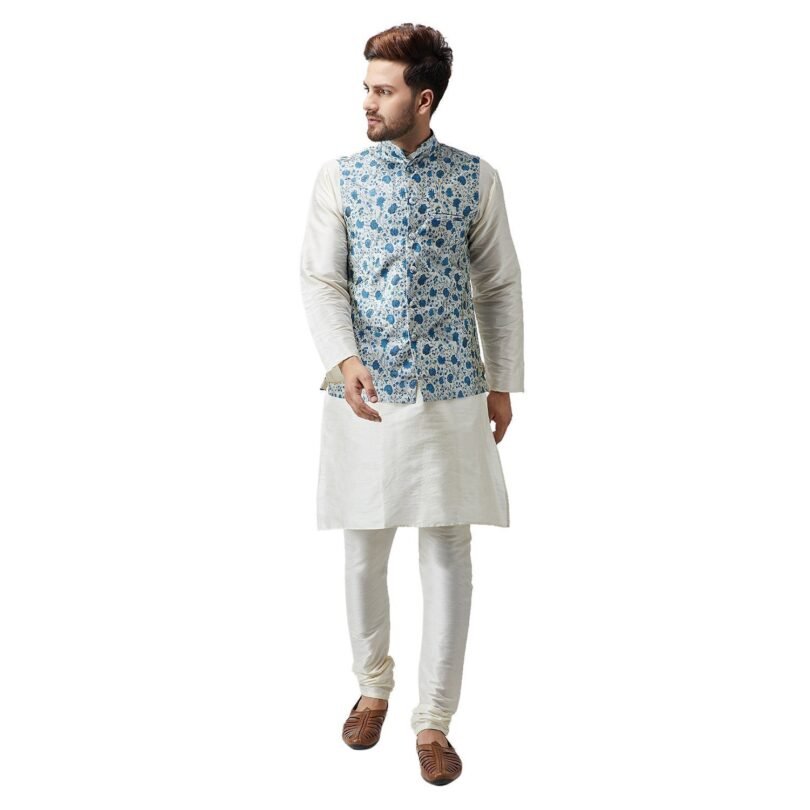 Men's Silk Blend Red Printed ONLY Nehru Jacket - Image 4