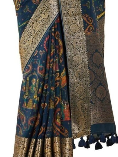 Soch Womens Navy Blue Crepe Saree With Ethnic Print And Zari Borders - Image 2