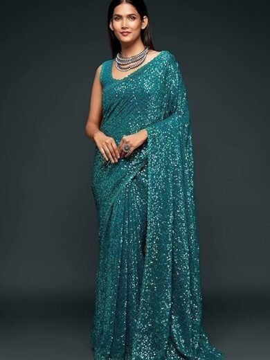 TRENDMALLS Women's Georgette Heavy Sequins Work Heavy Saree with Blouse - Image 3