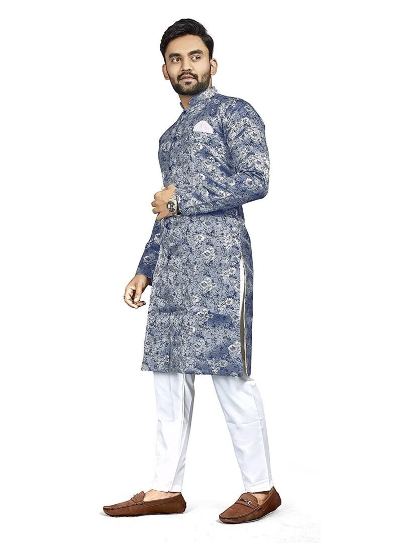 Mens Ethnic Wear Blue Kurta Pajama Sherwani Set - Image 2