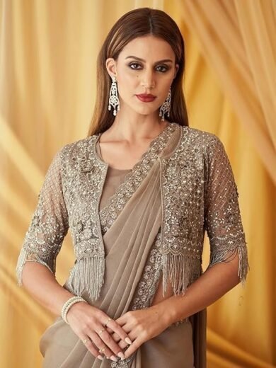 AKHILAM Women's Georgette Embellished Saree With Unstitched Blouse Piece - Image 5