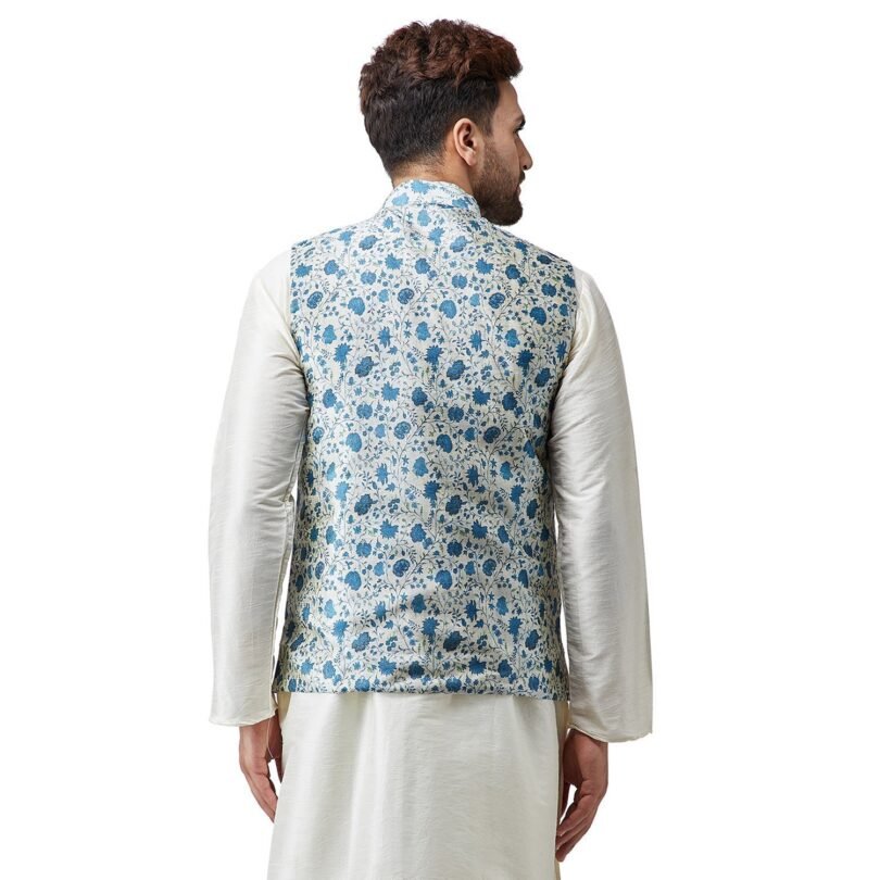 Men's Silk Blend Red Printed ONLY Nehru Jacket - Image 3