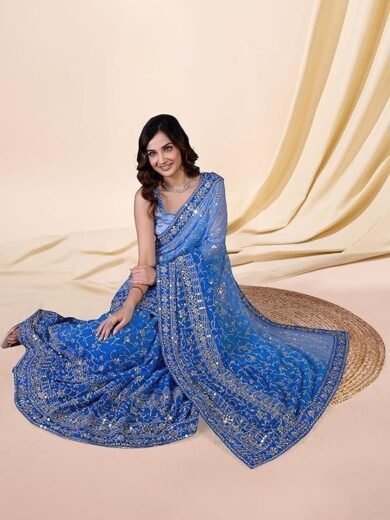Women's Georgette Sequin Embroidery work Saree with Unstitch Blouse Piece - Image 5