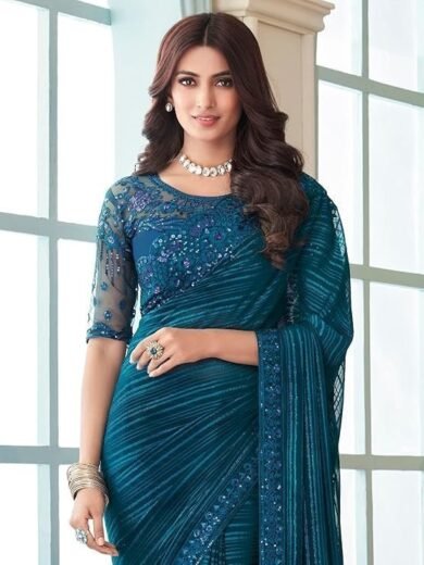 Women's And Girls Embroidery Lace & Sequence Embroidery Chiffon Saree With Unstitched Blouse Piece - Image 4