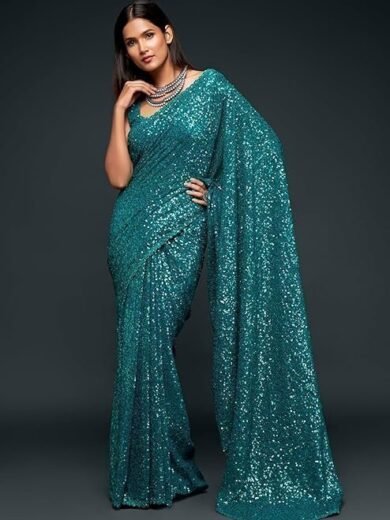 TRENDMALLS Women's Georgette Heavy Sequins Work Heavy Saree with Blouse - Image 4