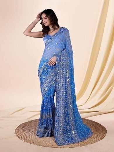 Women's Georgette Sequin Embroidery work Saree with Unstitch Blouse Piece - Image 3