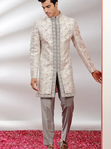 Grey & Pink Embroidered Indowestern Set