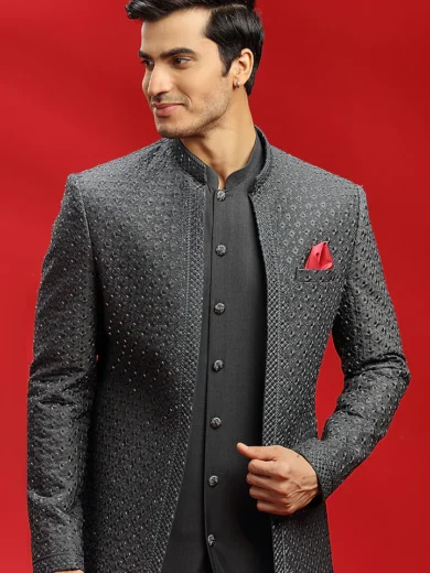 Charcoal Embroidered Indowestern Set - Image 4