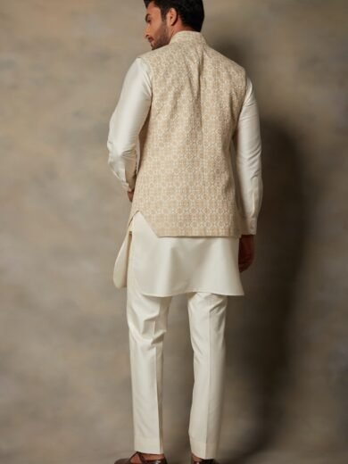 Beige & Cream Embroidered Bundi Jacket With Kurta Set - Image 2