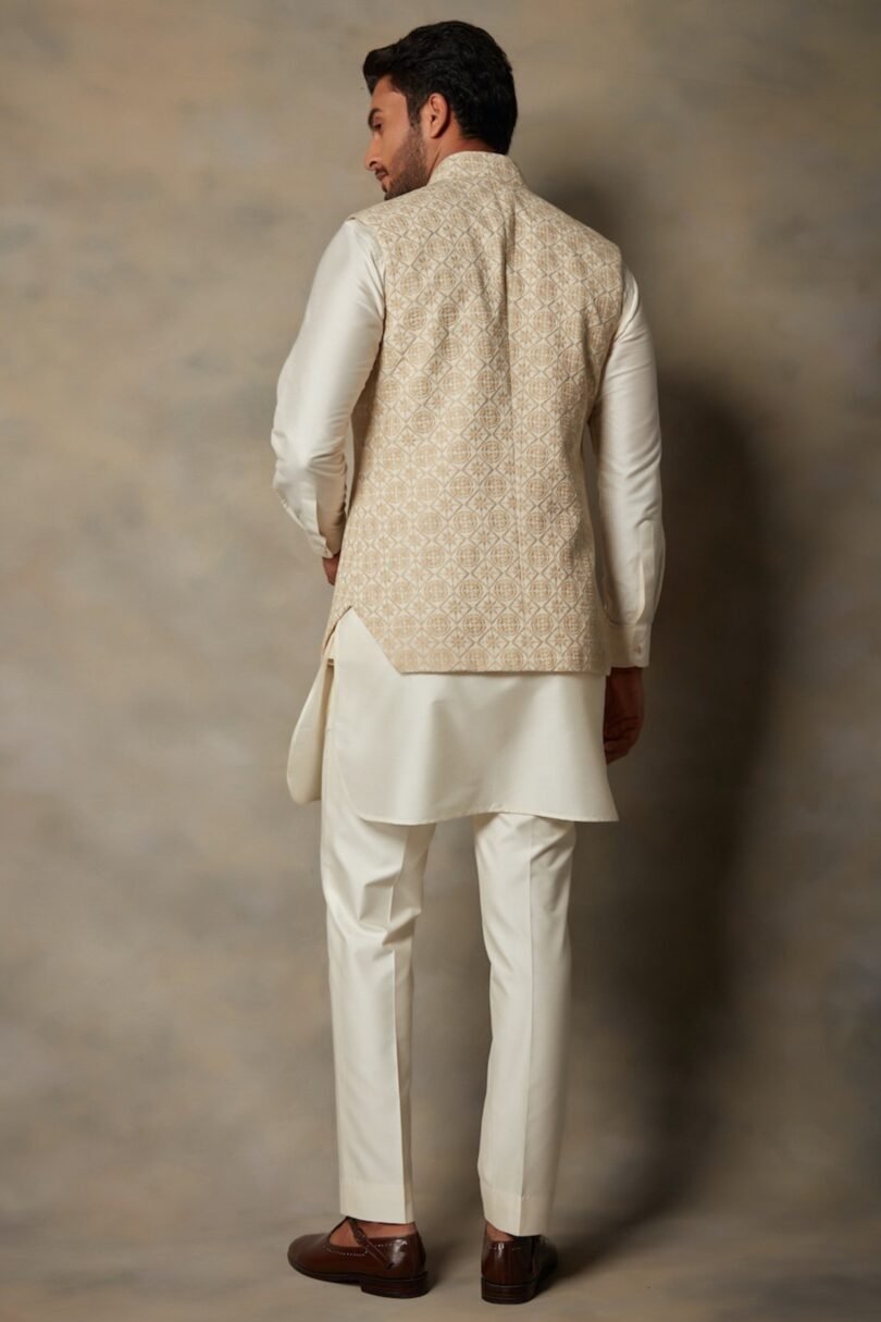 Beige & Cream Embroidered Bundi Jacket With Kurta Set - Image 2