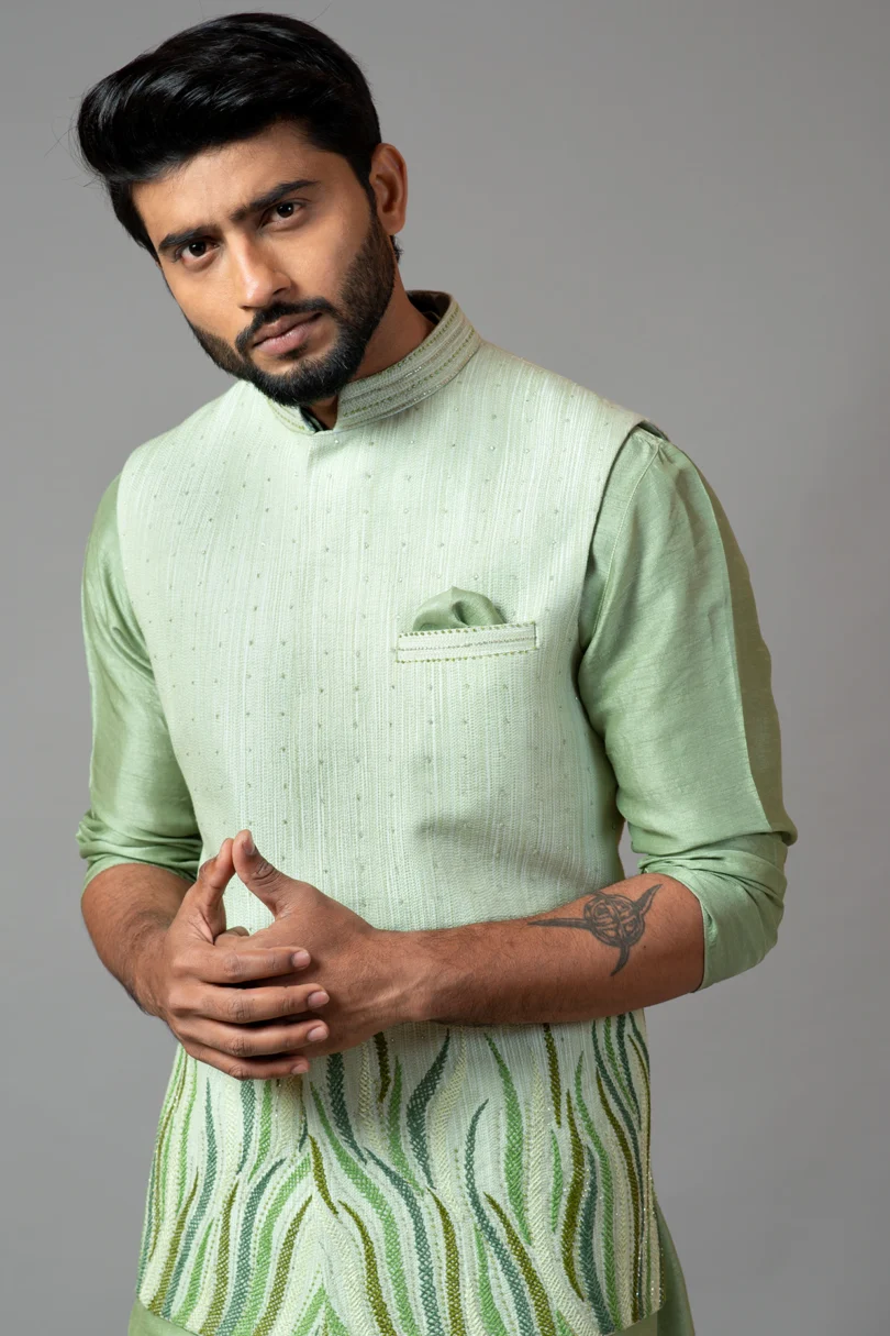 Mint Green Embroidered Nehru Jacket With Kurta Set - Image 2