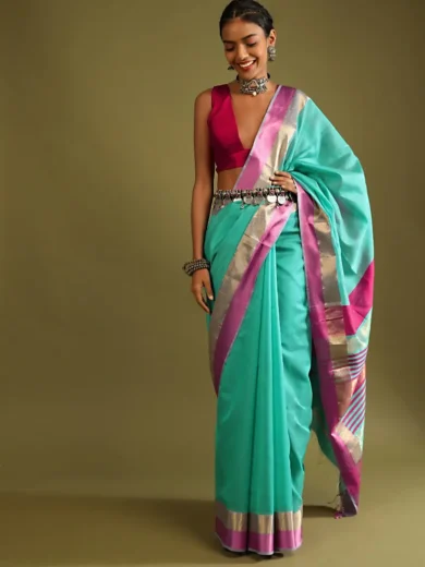 A Gquareen Saree In Tussar Silk With Gold And Pink Woven Border And Striped Pallu Design