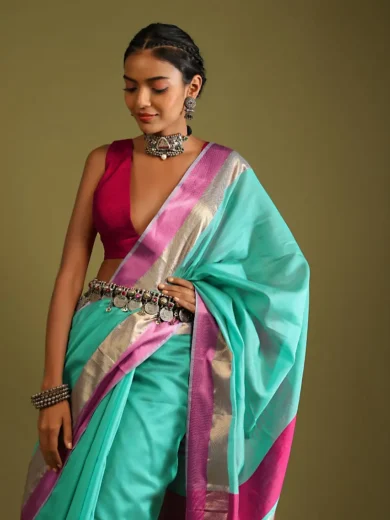 A Gquareen Saree In Tussar Silk With Gold And Pink Woven Border And Striped Pallu Design - Image 4