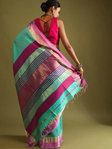 A Gquareen Saree In Tussar Silk With Gold And Pink Woven Border And Striped Pallu Design - Image 3