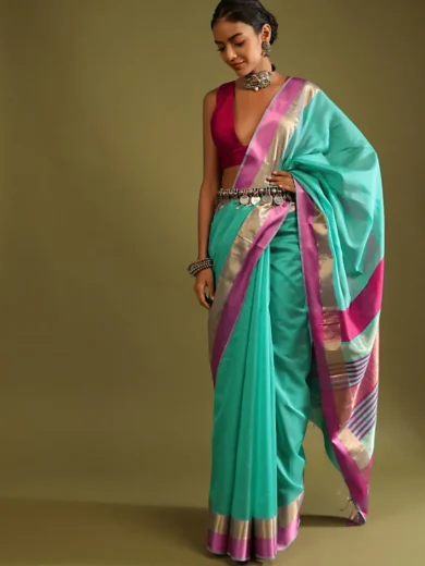 A Gquareen Saree In Tussar Silk With Gold And Pink Woven Border And Striped Pallu Design - Image 5