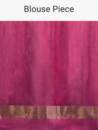 A Gquareen Saree In Tussar Silk With Gold And Pink Woven Border And Striped Pallu Design - Image 6