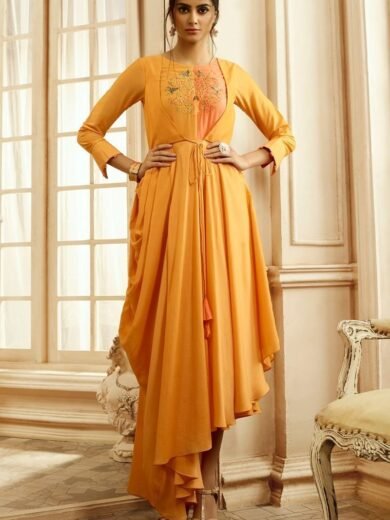Chic Rayon Cotton Gown Style Kurti in Neutral Yellow Color