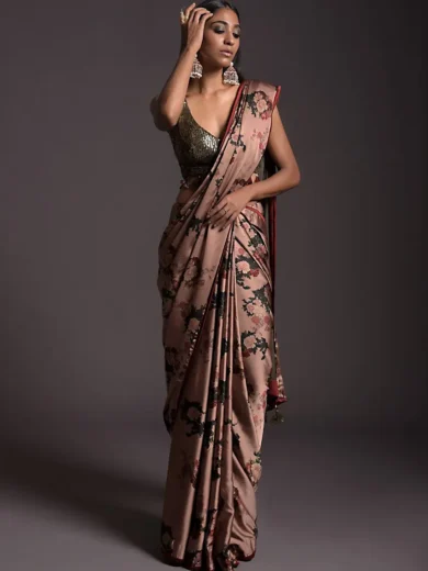 Copper Peach Saree In Satin With Floral Print And Olive Sequins Embellished Crop Top