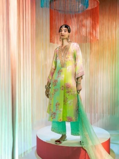 Lime Yellow Orchid Front Pleat Kurta Set