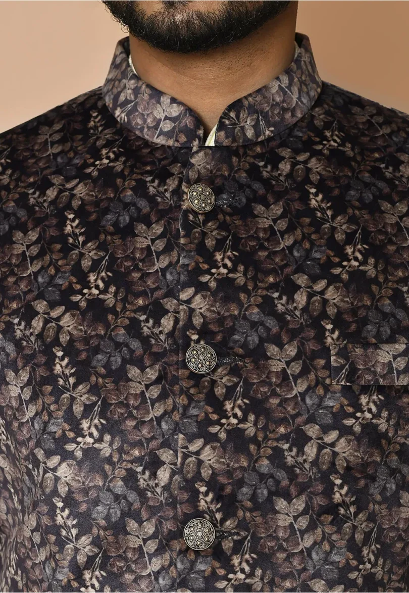 Digital Printed Velvet Nehru Jacket in Grey - Image 5