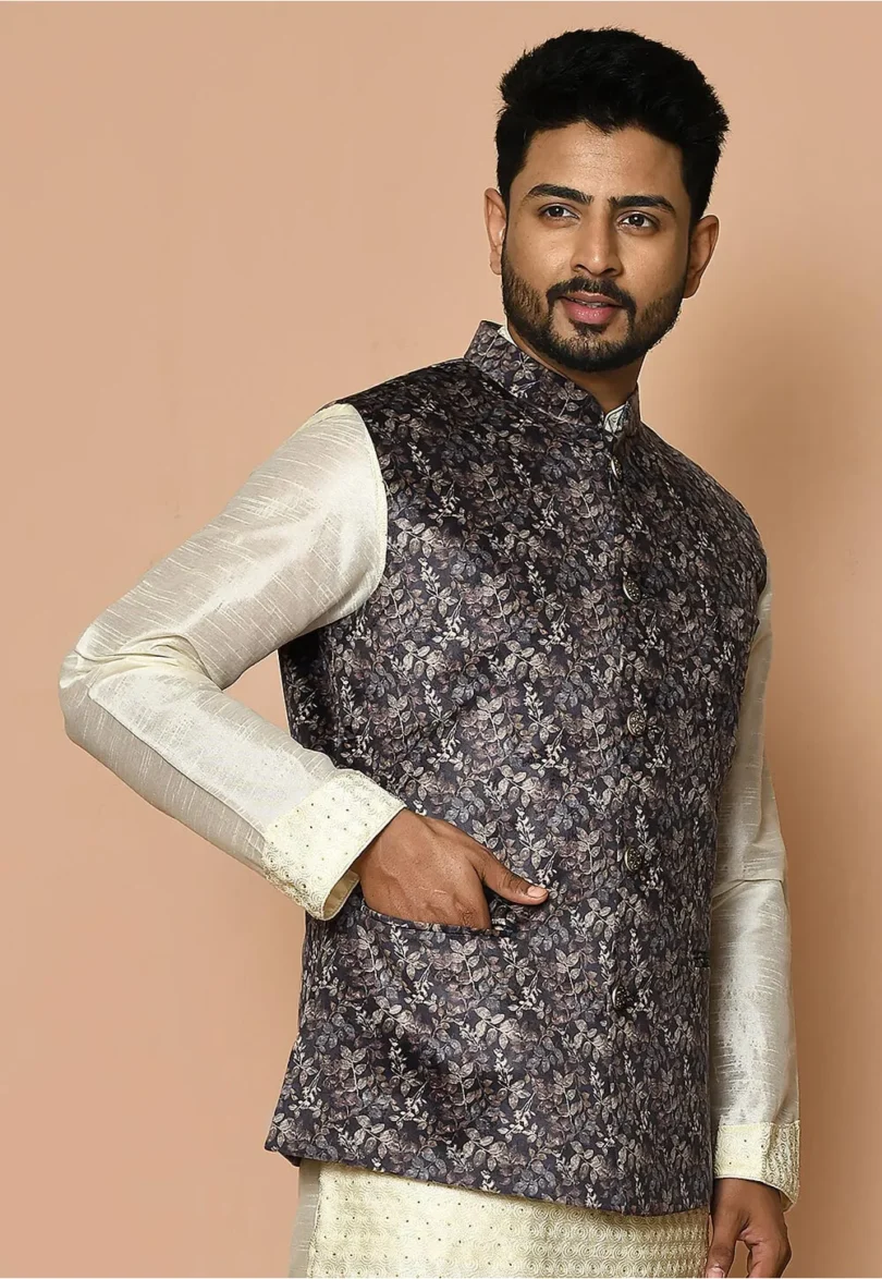 Digital Printed Velvet Nehru Jacket in Grey - Image 4