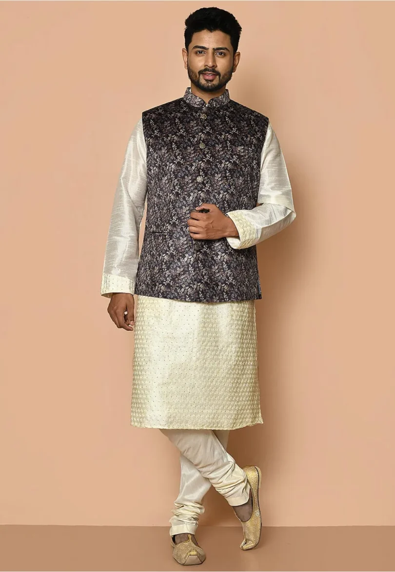 Digital Printed Velvet Nehru Jacket in Grey - Image 2