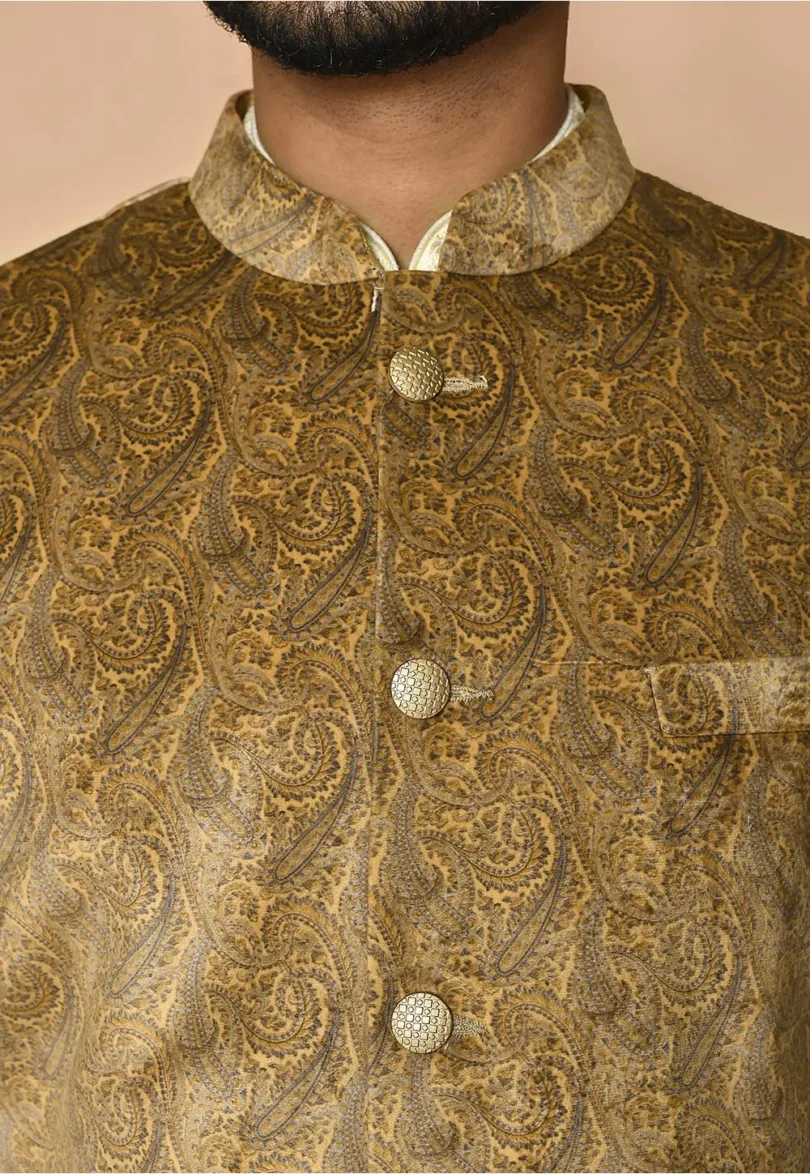 Digital Printed Velvet Nehru Jacket in Mustard - Image 5