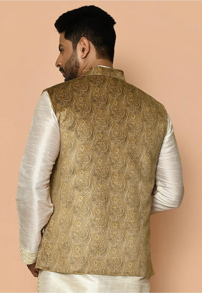 Digital Printed Velvet Nehru Jacket in Mustard - Image 3
