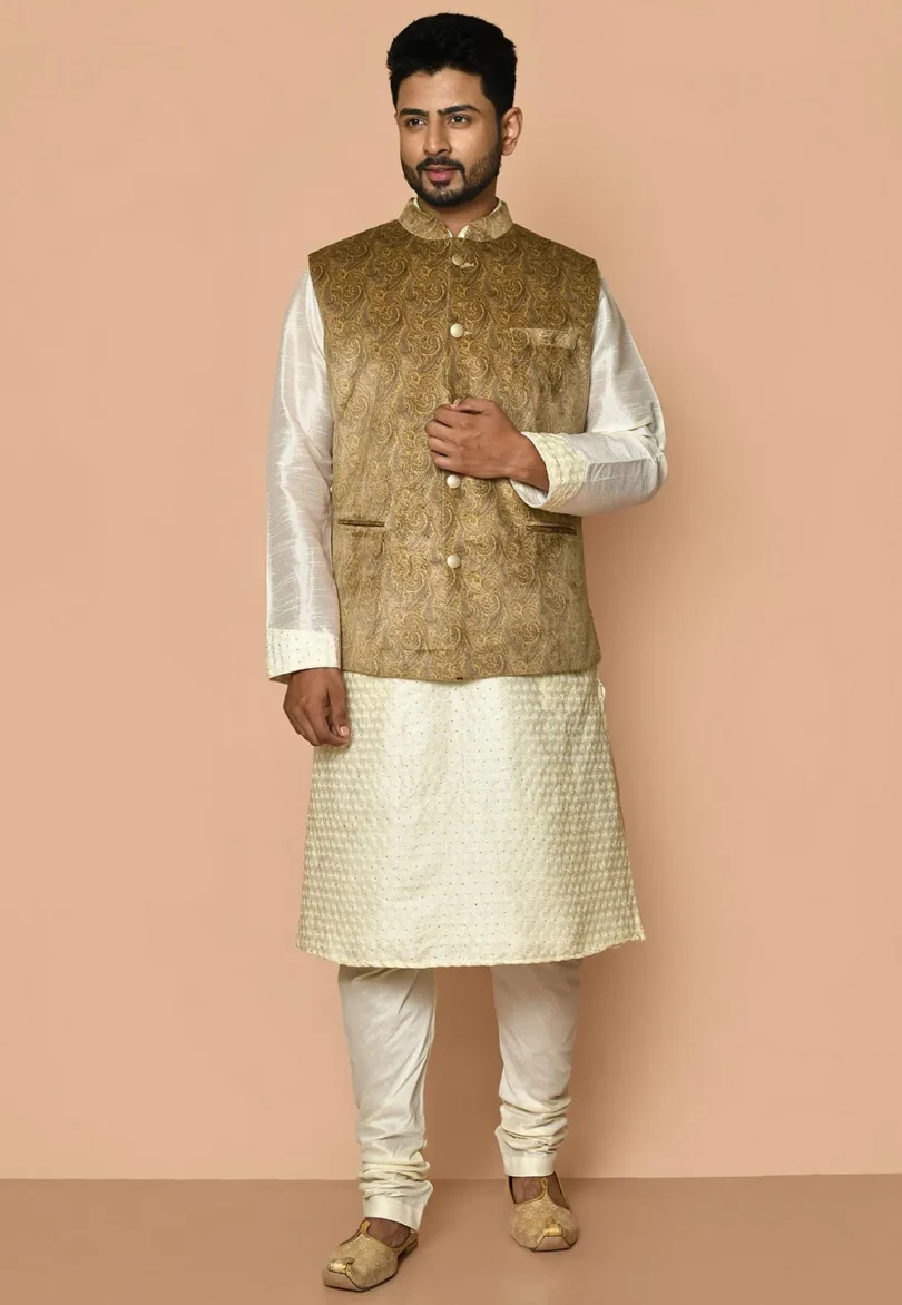 Digital Printed Velvet Nehru Jacket in Mustard - Image 2