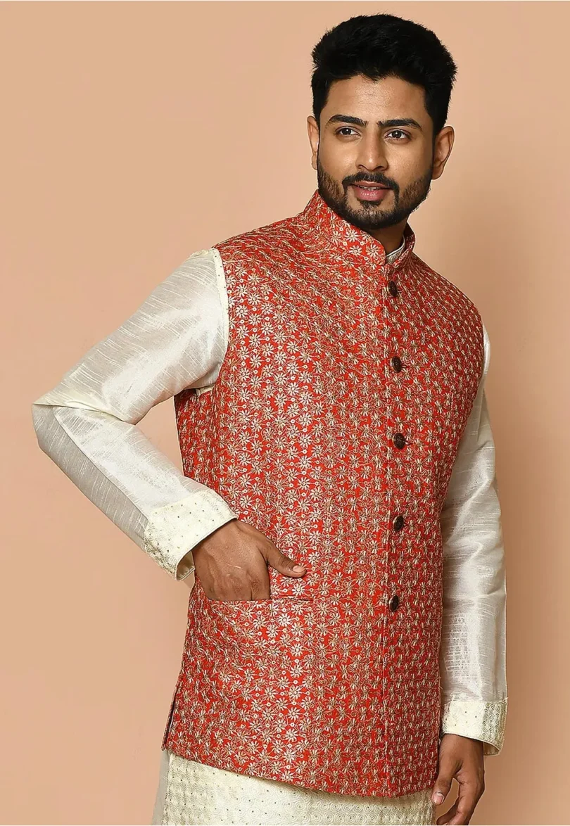 Embroidered Cotton Nehru Jacket in Red - Image 4