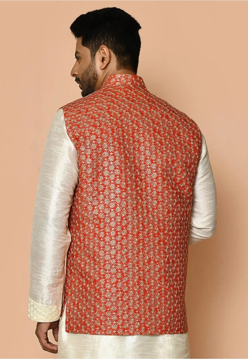 Embroidered Cotton Nehru Jacket in Red - Image 3