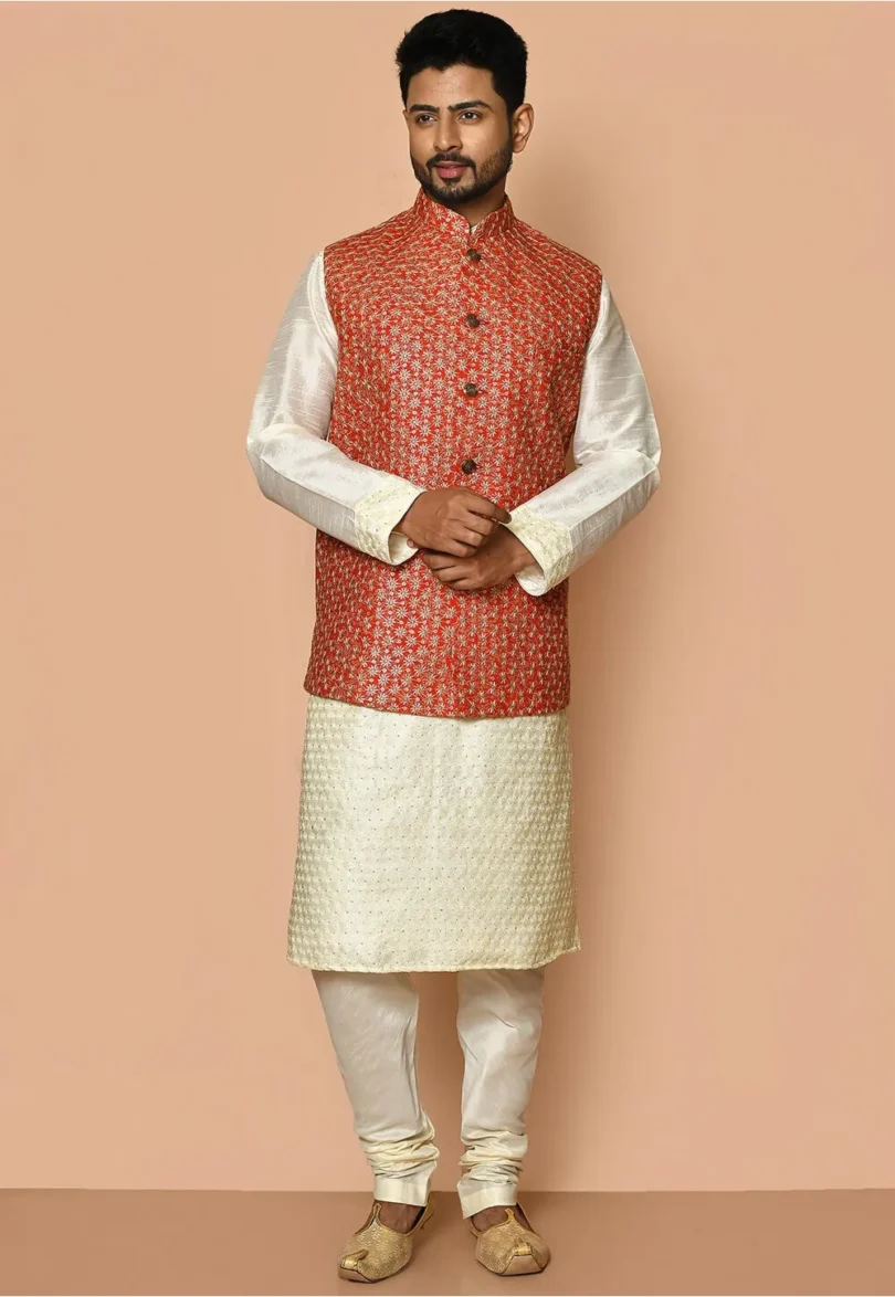 Embroidered Cotton Nehru Jacket in Red - Image 2