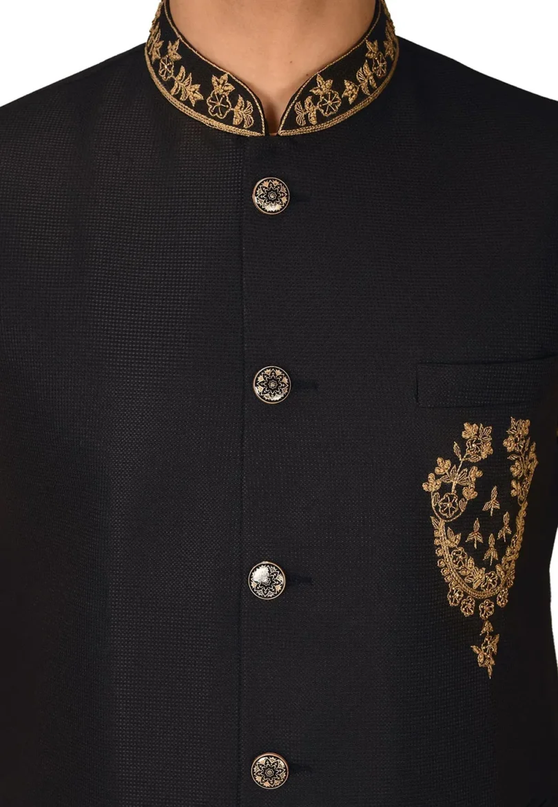 Embroidered Polyester Knitted Nehru Jacket in Black - Image 3