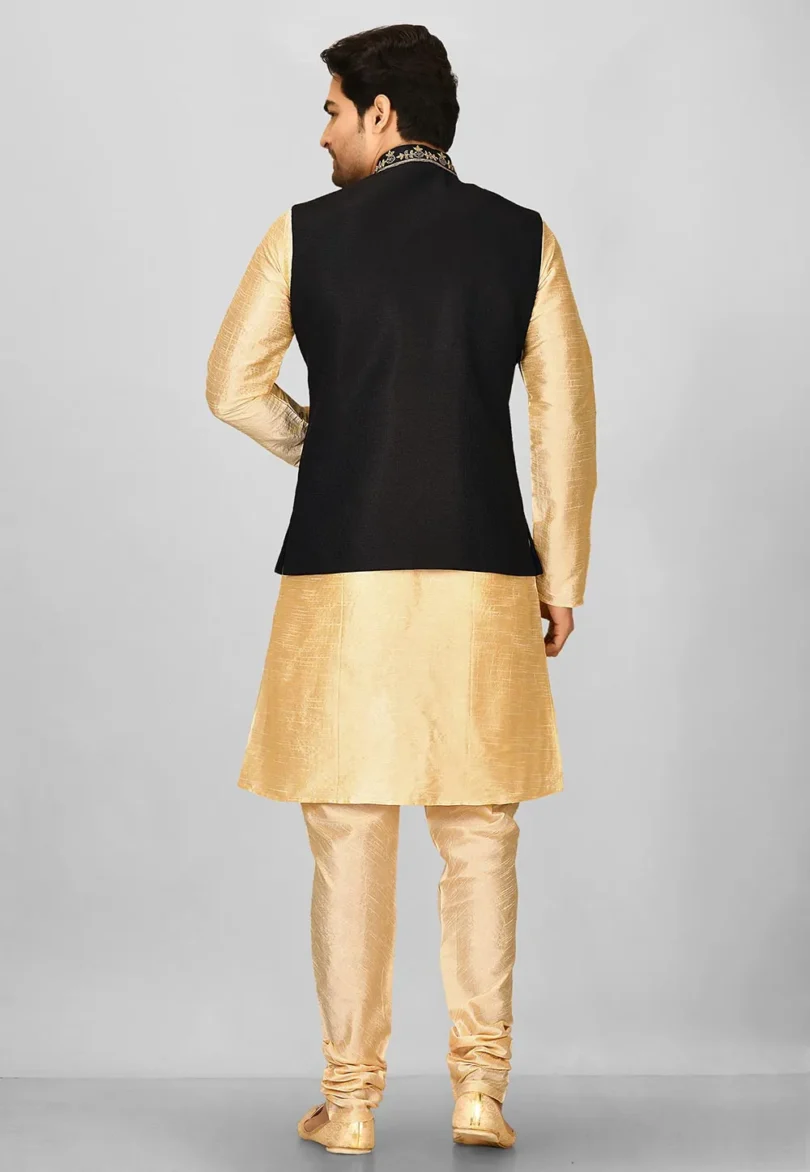 Embroidered Polyester Knitted Nehru Jacket in Black - Image 2
