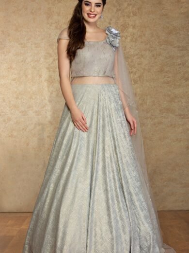Light Grey Applique Embroidered Silk Evening Gown