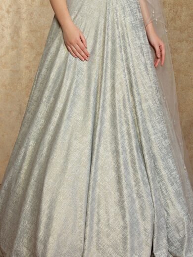 Light Grey Applique Embroidered Silk Evening Gown - Image 3