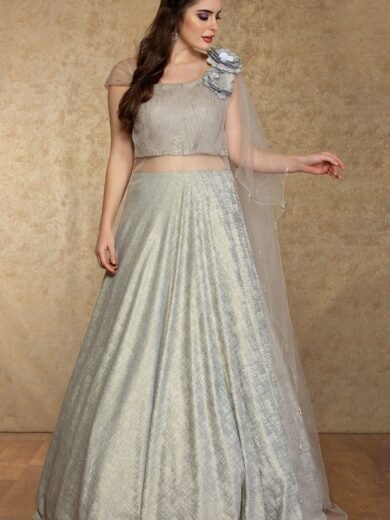 Light Grey Applique Embroidered Silk Evening Gown - Image 4