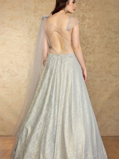 Light Grey Applique Embroidered Silk Evening Gown - Image 5