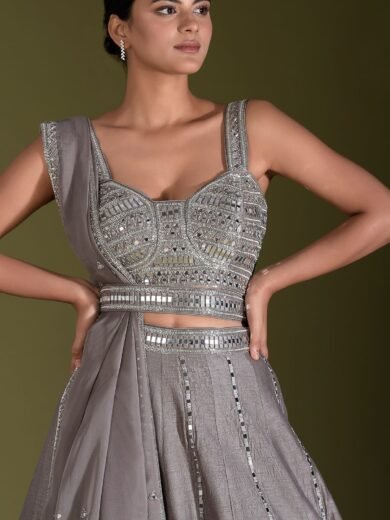 Mink Grey Mirror Embroidered Raw Silk Designer Lehenga - Image 4