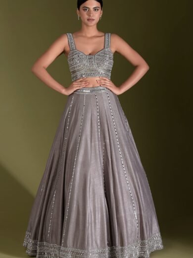 Mink Grey Mirror Embroidered Raw Silk Designer Lehenga - Image 3